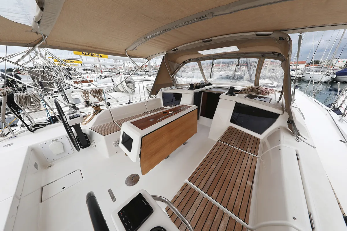 Deck of Thor, a Dufour 430 GL sailboat at Vodice, Croatia