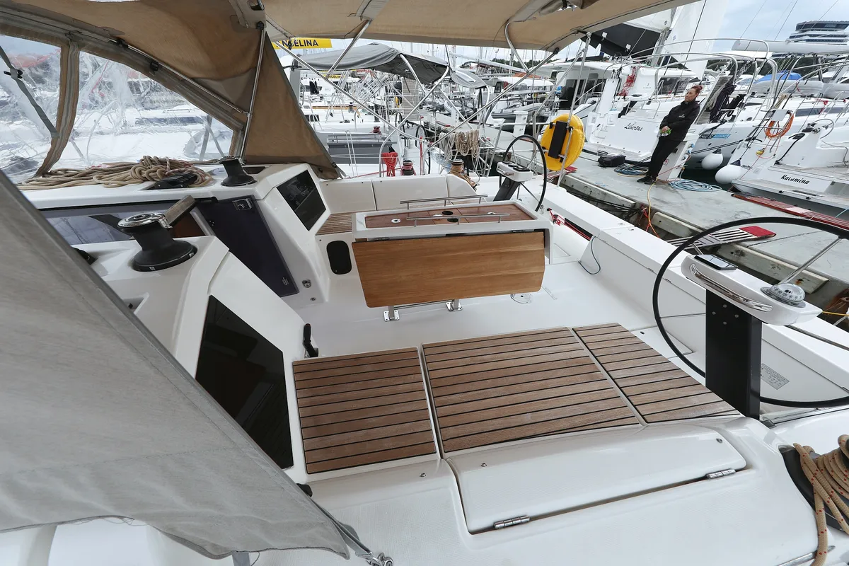 Deck of Thor, a Dufour 430 GL sailboat at Vodice, Croatia