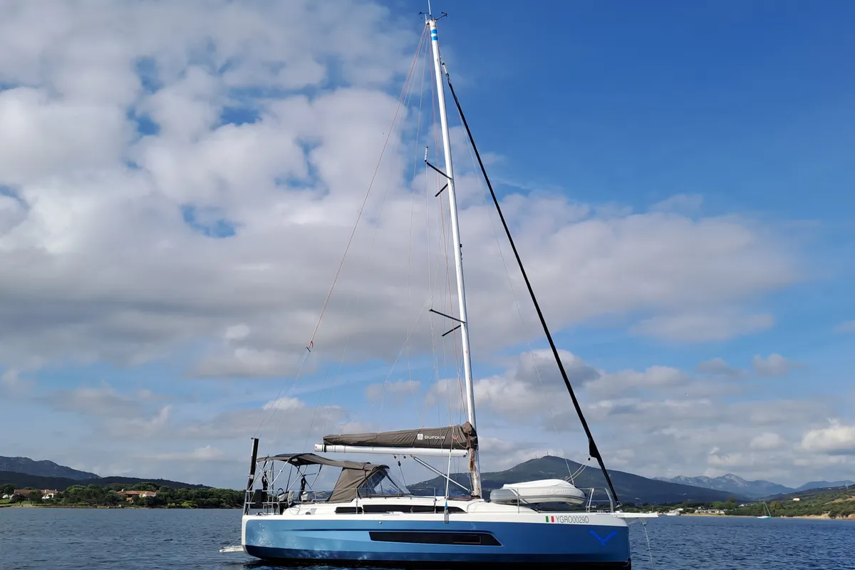 Exterior view of Polygala, a Dufour 37 sailboat at Olbia, Italy