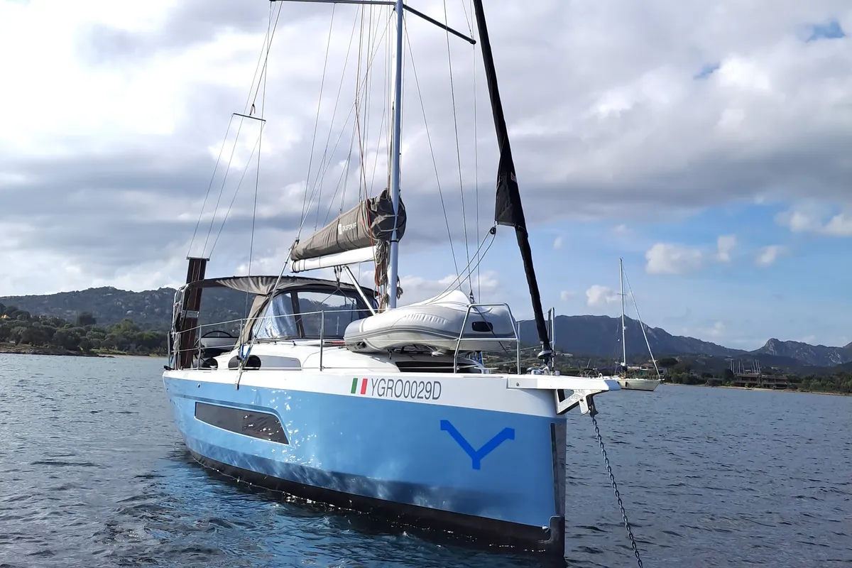 Exterior view of Polygala, a Dufour 37 sailboat at Olbia, Italy