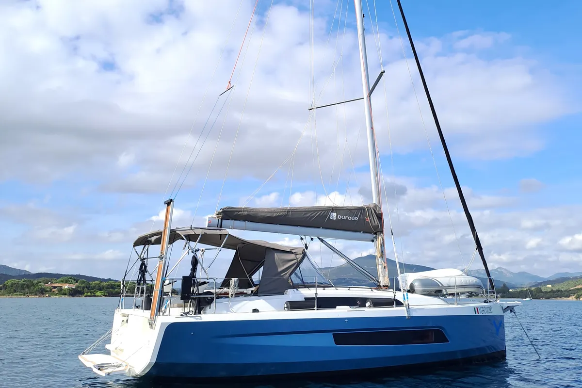 Exterior view of Polygala, a Dufour 37 sailboat at Olbia, Italy
