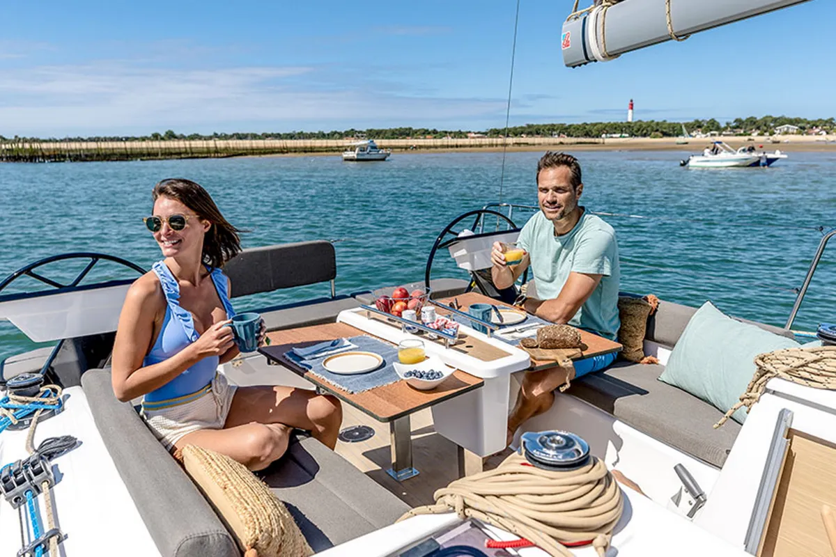 Deck of Polygala, a Dufour 37 sailboat at Olbia, Italy
