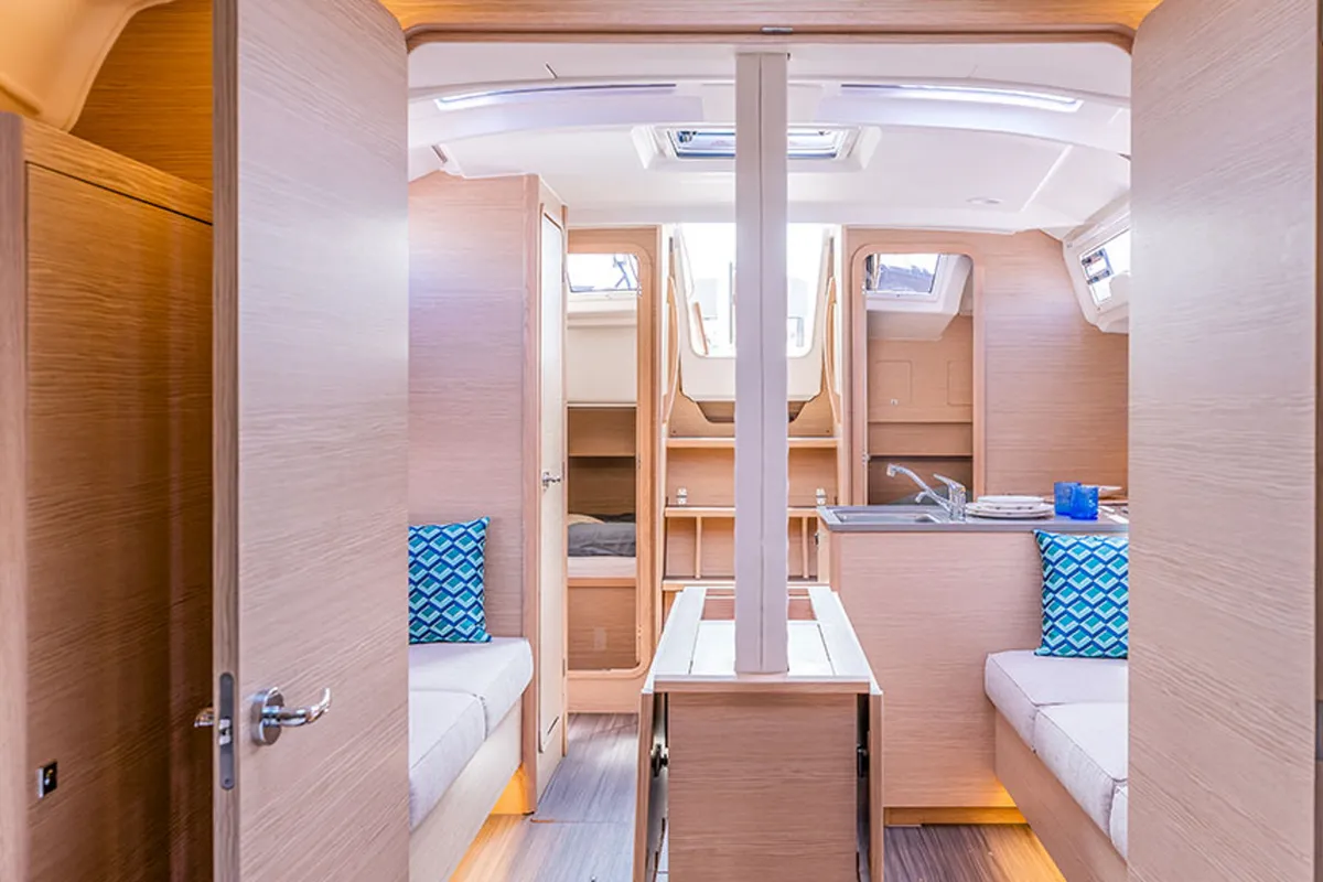 Salon of Polygala, a Dufour 37 sailboat at Olbia, Italy