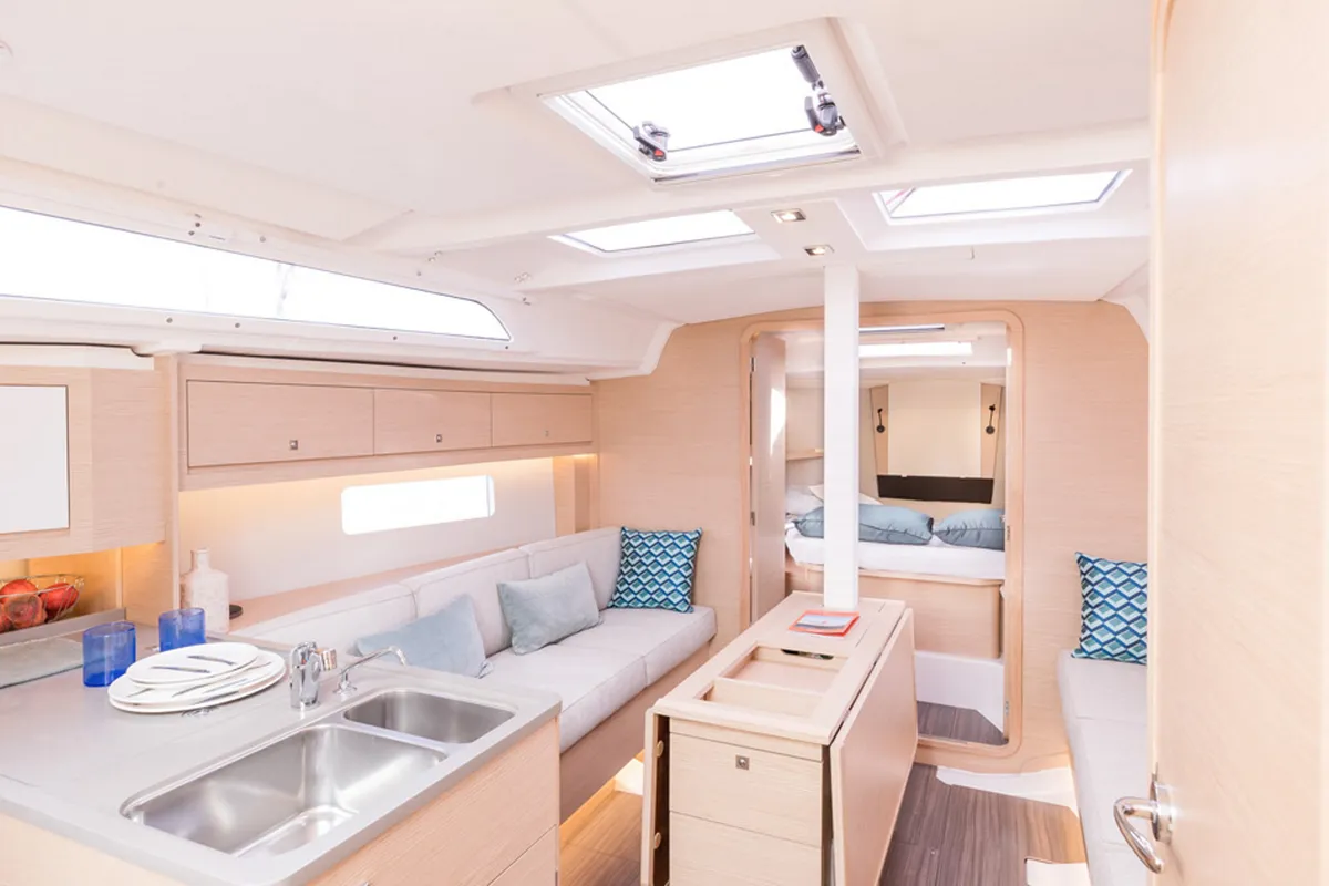 Salon of Polygala, a Dufour 37 sailboat at Olbia, Italy