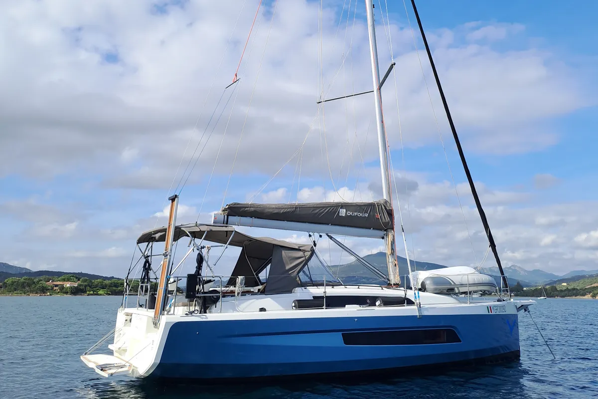 Exterior view of Polygala, a Dufour 37 sailboat at Olbia, Italy