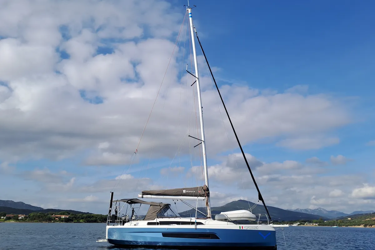 Exterior view of Polygala, a Dufour 37 sailboat at Olbia, Italy
