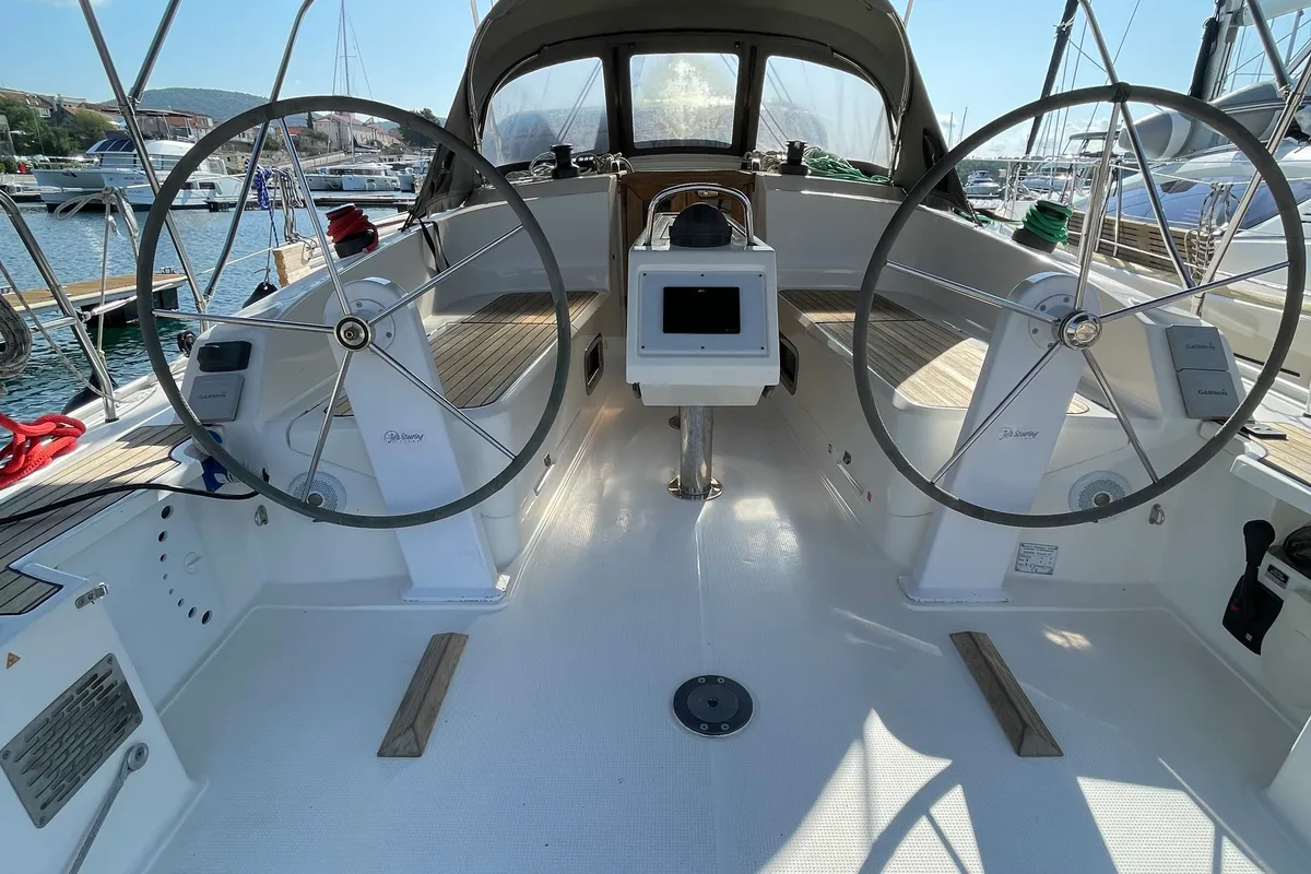 Cockpit of Mapalimi, a Bavaria Cruiser 37 sailboat at Grad Šibenik, Croatia
