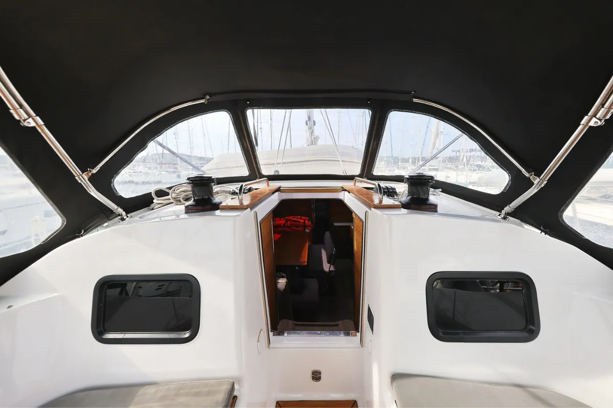 Cockpit of Top Gun, a Elan Impression 45.1 sailboat at Pirovac, Croatia
