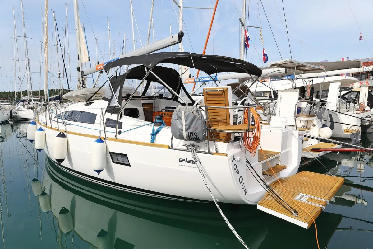 Exterior view of Top Gun, a Elan Impression 45.1 sailboat at Pirovac, Croatia