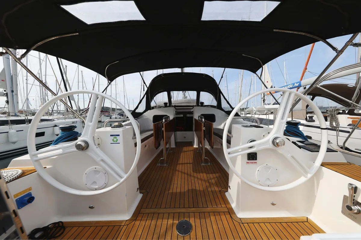 Cockpit of Top Gun, a Elan Impression 45.1 sailboat at Pirovac, Croatia