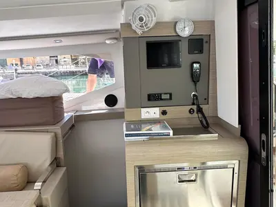 Salon of Isla, a Fountaine Pajot Isla 40 catamaran at Castellammare del Golfo, Italy