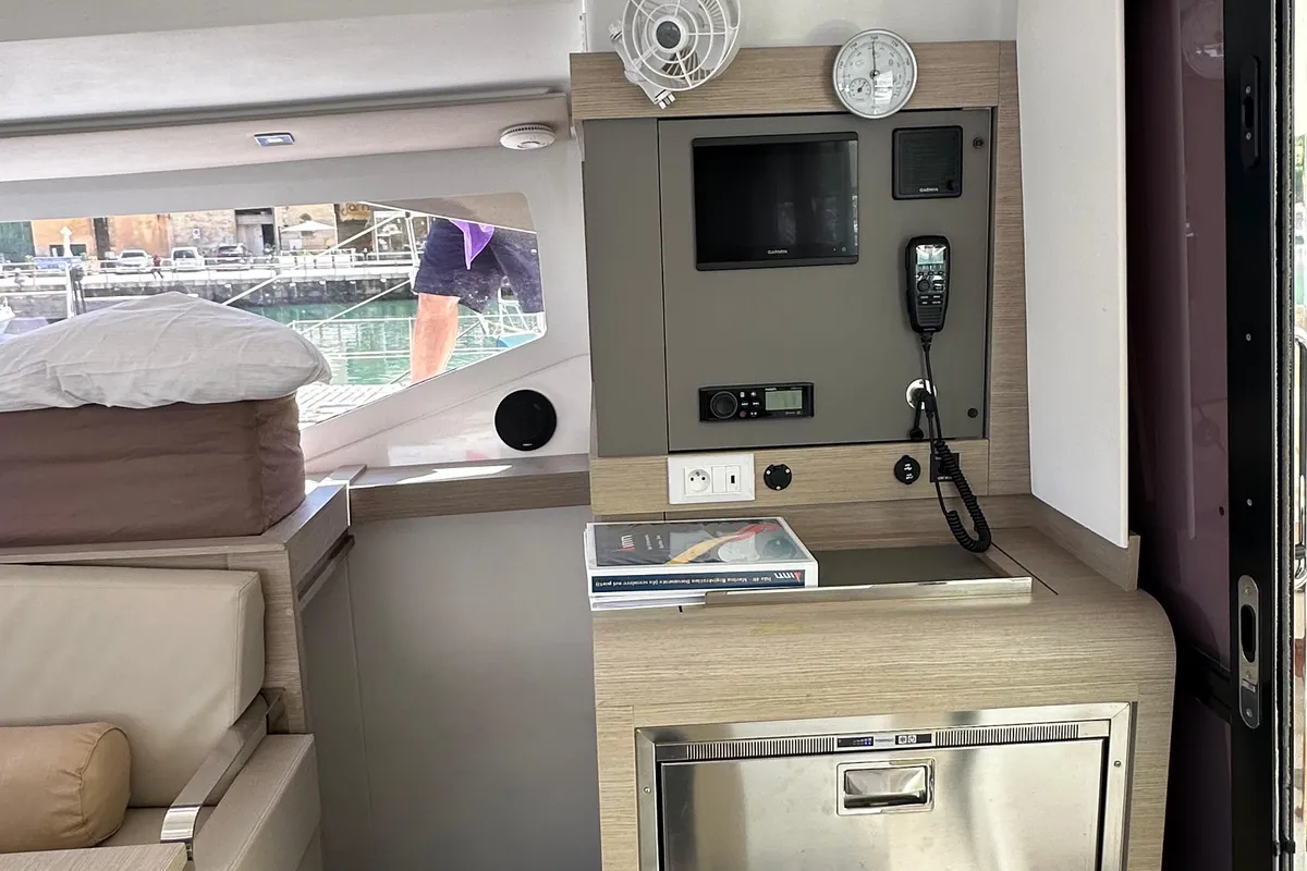 Salon of Isla, a Fountaine Pajot Isla 40 catamaran at Castellammare del Golfo, Italy