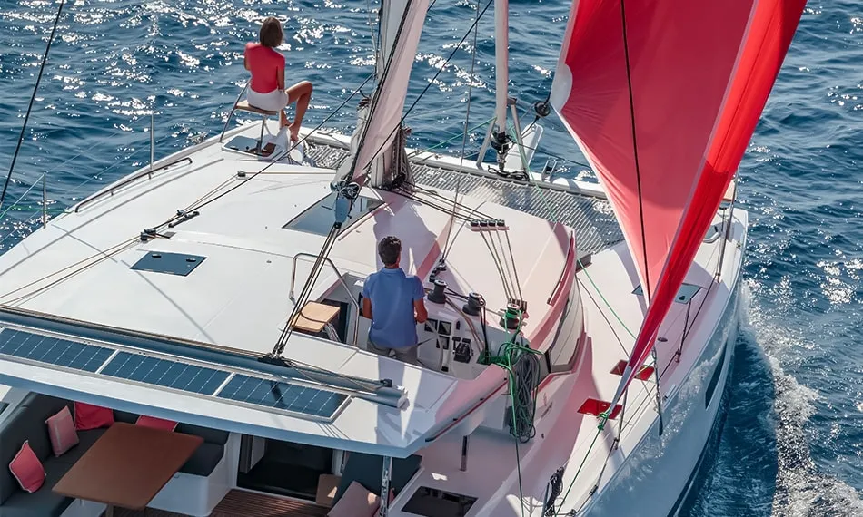 Exterior view of Isla, a Fountaine Pajot Isla 40 catamaran at Castellammare del Golfo, Italy