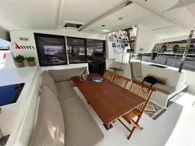 Deck of Isla, a Fountaine Pajot Isla 40 catamaran at Castellammare del Golfo, Italy