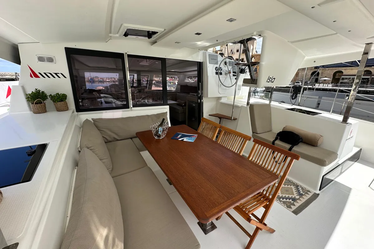 Deck of Isla, a Fountaine Pajot Isla 40 catamaran at Castellammare del Golfo, Italy