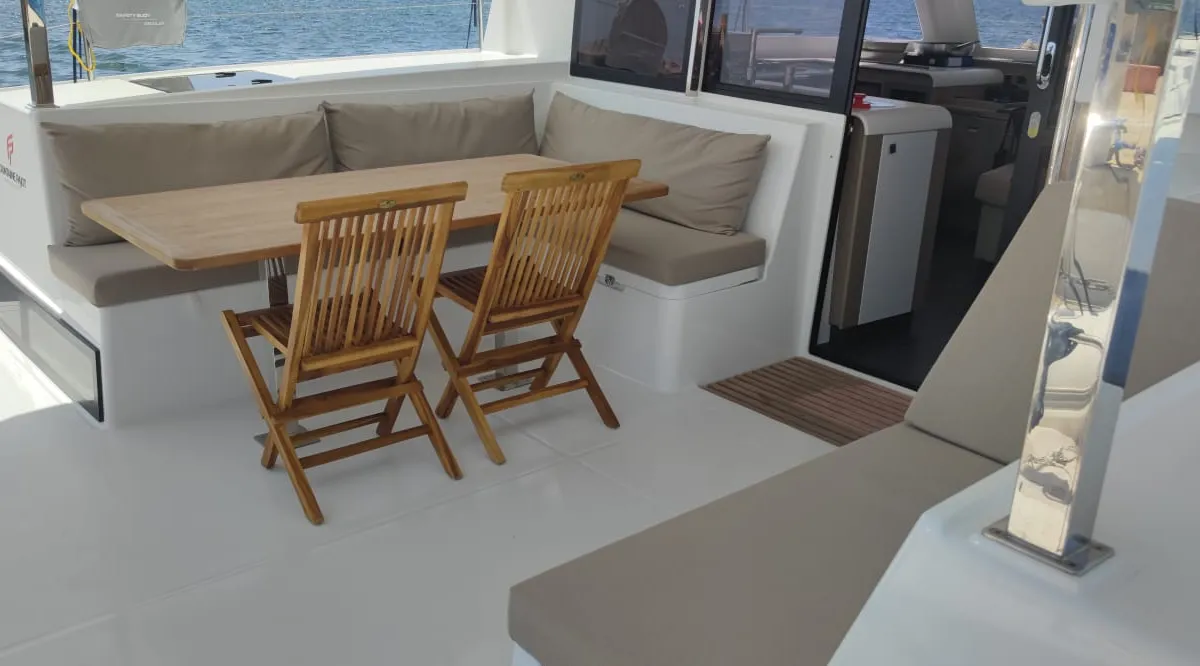 Deck of Isla, a Fountaine Pajot Isla 40 catamaran at Castellammare del Golfo, Italy
