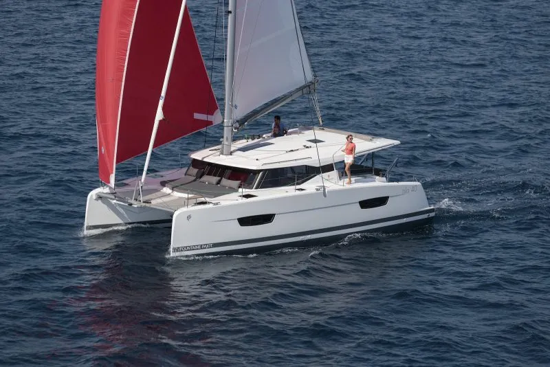 Exterior view of Isla, a Fountaine Pajot Isla 40 catamaran at Castellammare del Golfo, Italy