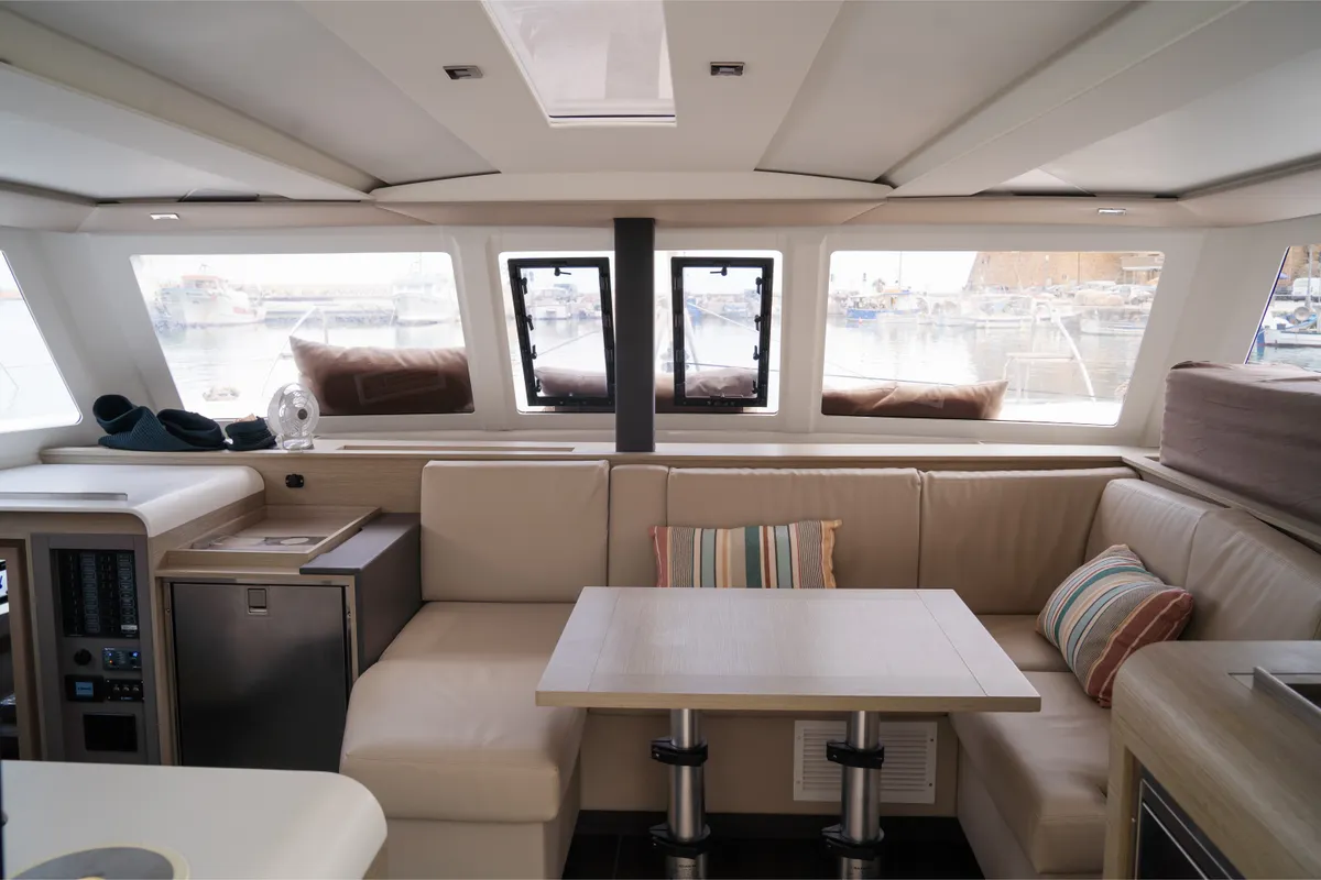 Salon of Isla, a Fountaine Pajot Isla 40 catamaran at Castellammare del Golfo, Italy