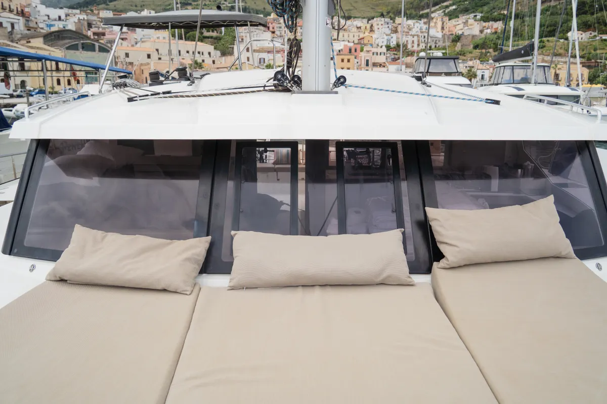 Deck of Isla, a Fountaine Pajot Isla 40 catamaran at Castellammare del Golfo, Italy
