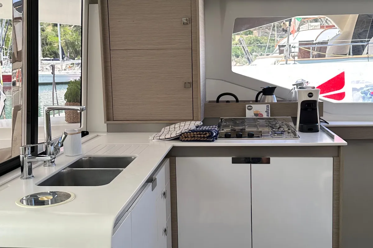 Galley of Isla, a Fountaine Pajot Isla 40 catamaran at Castellammare del Golfo, Italy