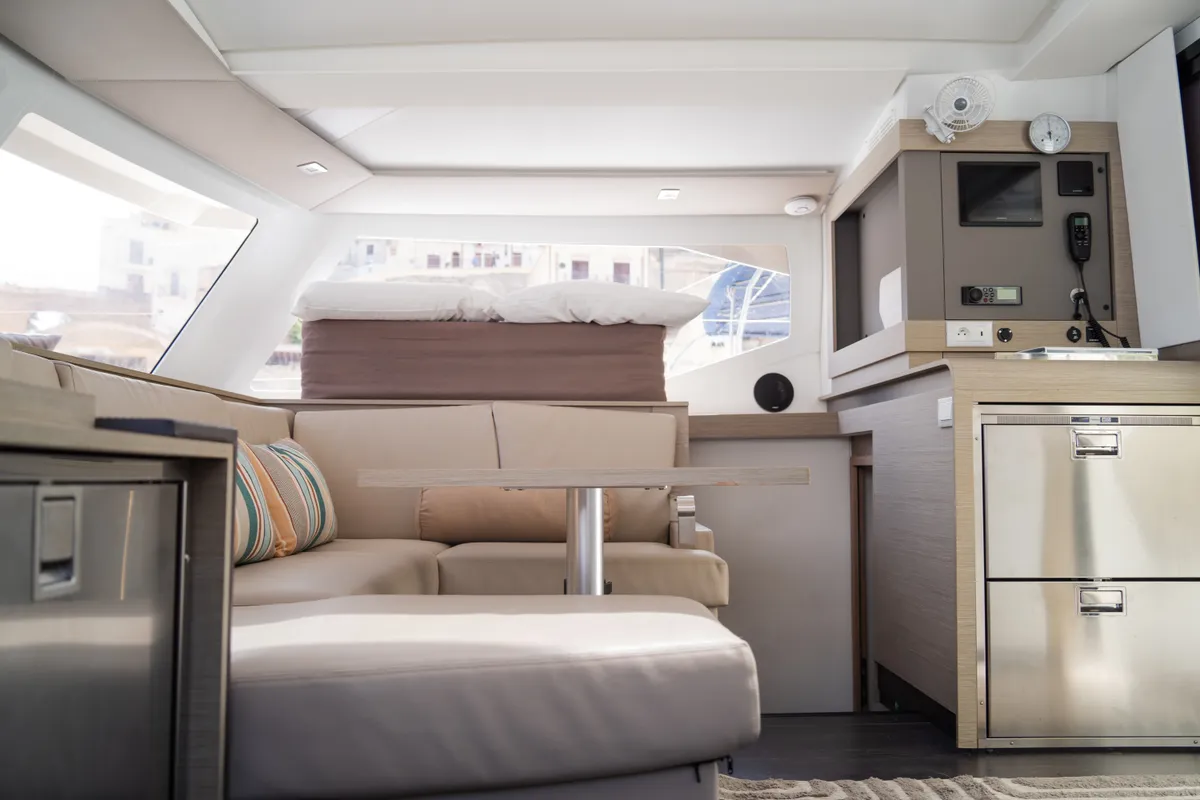 Salon of Isla, a Fountaine Pajot Isla 40 catamaran at Castellammare del Golfo, Italy