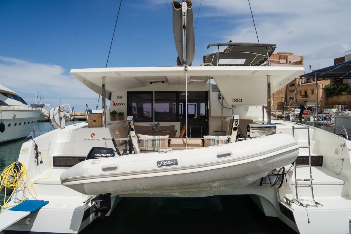 Exterior view of Isla, a Fountaine Pajot Isla 40 catamaran at Castellammare del Golfo, Italy