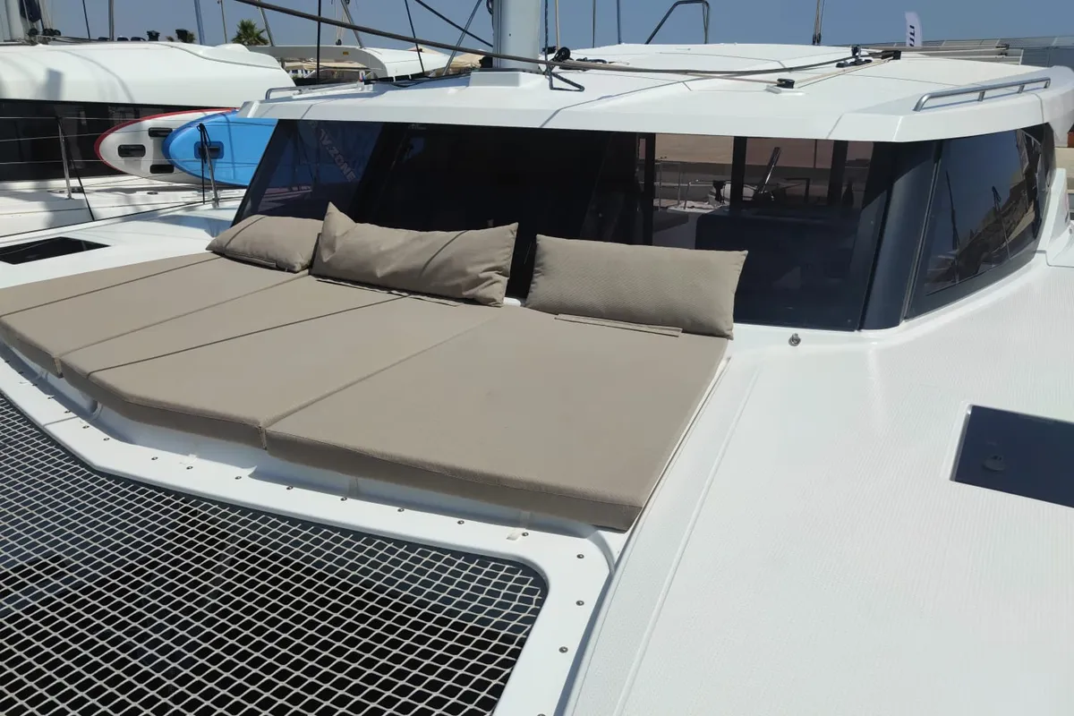 Deck of Isla, a Fountaine Pajot Isla 40 catamaran at Castellammare del Golfo, Italy