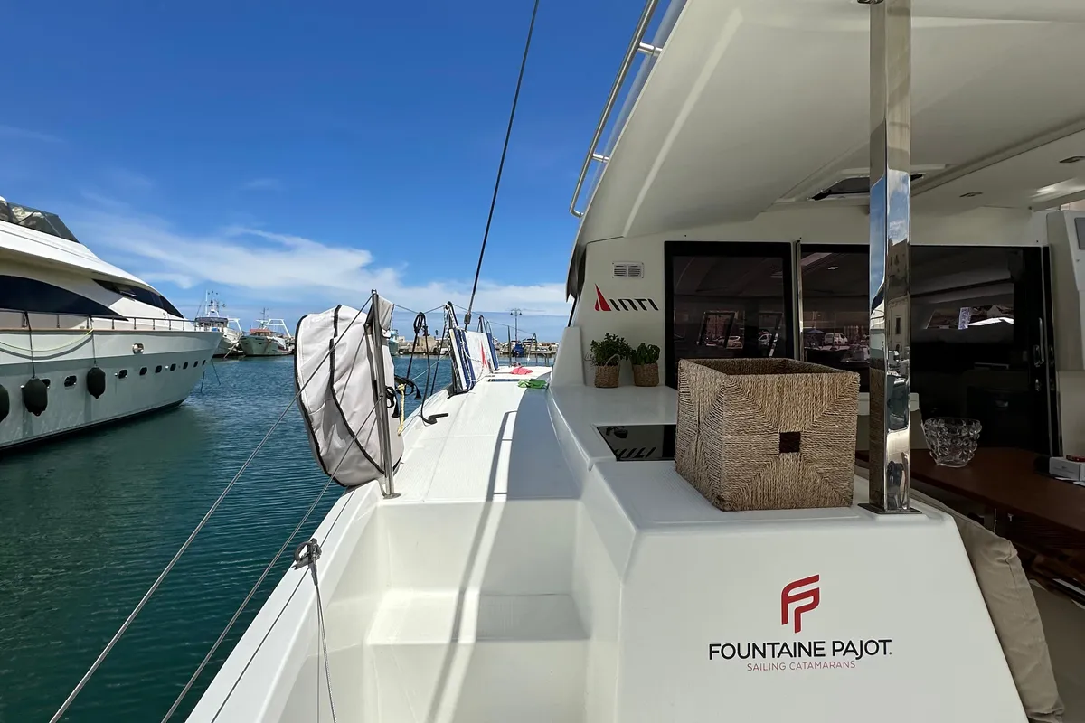 Exterior view of Isla, a Fountaine Pajot Isla 40 catamaran at Castellammare del Golfo, Italy