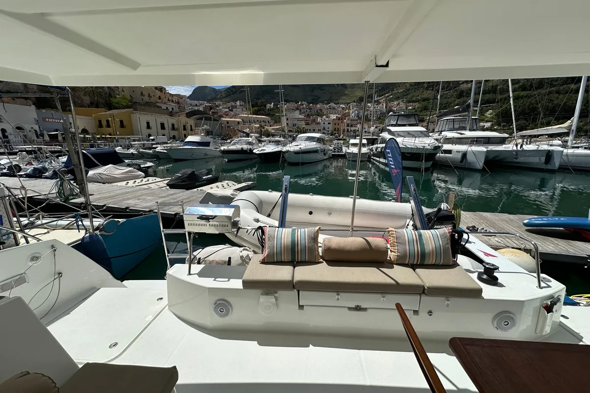 Deck of Isla, a Fountaine Pajot Isla 40 catamaran at Castellammare del Golfo, Italy
