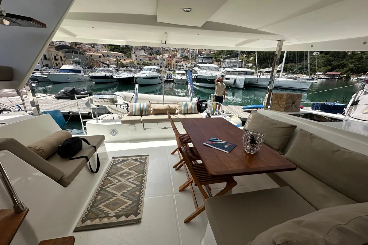 Deck of Isla, a Fountaine Pajot Isla 40 catamaran at Castellammare del Golfo, Italy