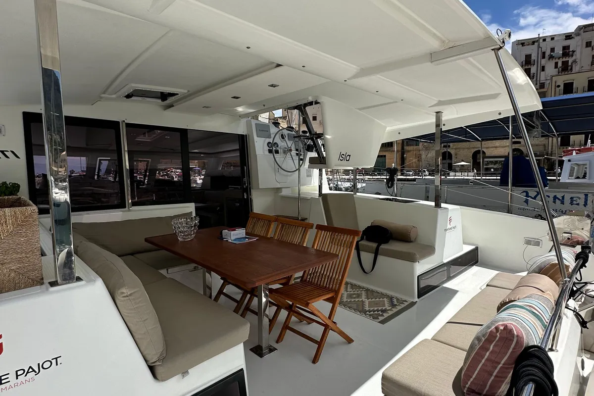 Deck of Isla, a Fountaine Pajot Isla 40 catamaran at Castellammare del Golfo, Italy