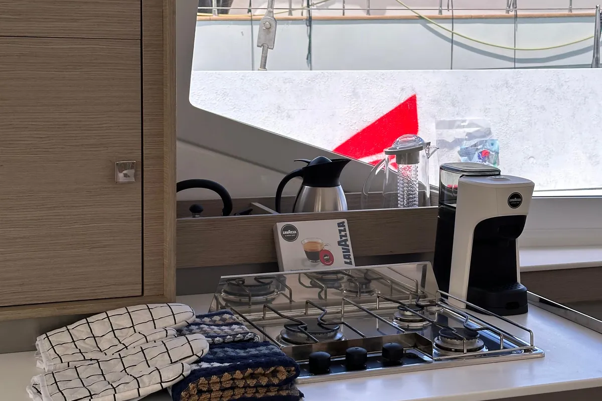Galley of Isla, a Fountaine Pajot Isla 40 catamaran at Castellammare del Golfo, Italy