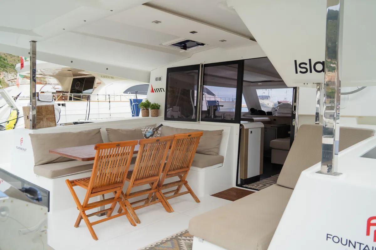 Deck of Isla, a Fountaine Pajot Isla 40 catamaran at Castellammare del Golfo, Italy