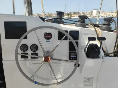 Cockpit of Isla, a Fountaine Pajot Isla 40 catamaran at Castellammare del Golfo, Italy