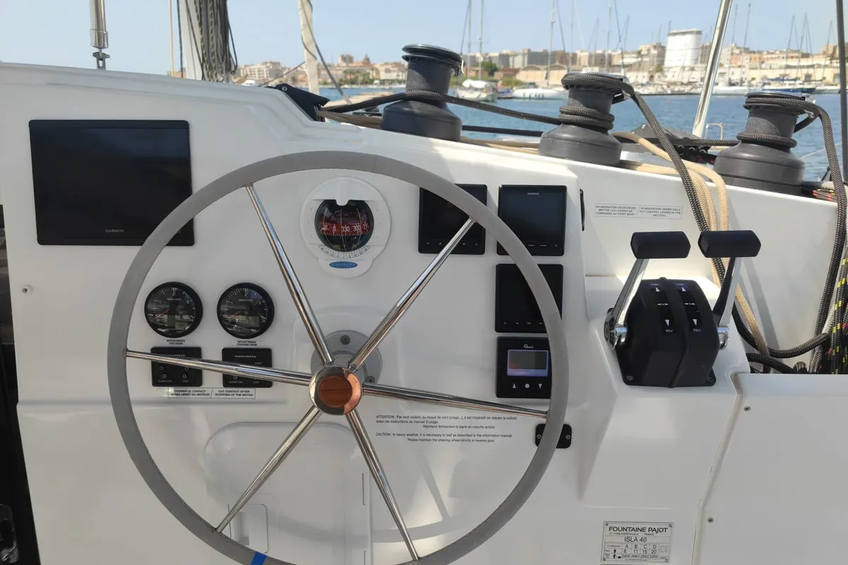 Cockpit of Isla, a Fountaine Pajot Isla 40 catamaran at Castellammare del Golfo, Italy