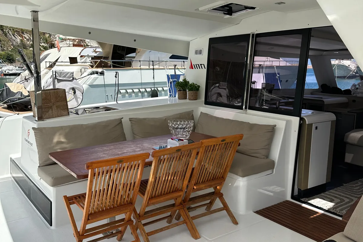 Deck of Isla, a Fountaine Pajot Isla 40 catamaran at Castellammare del Golfo, Italy