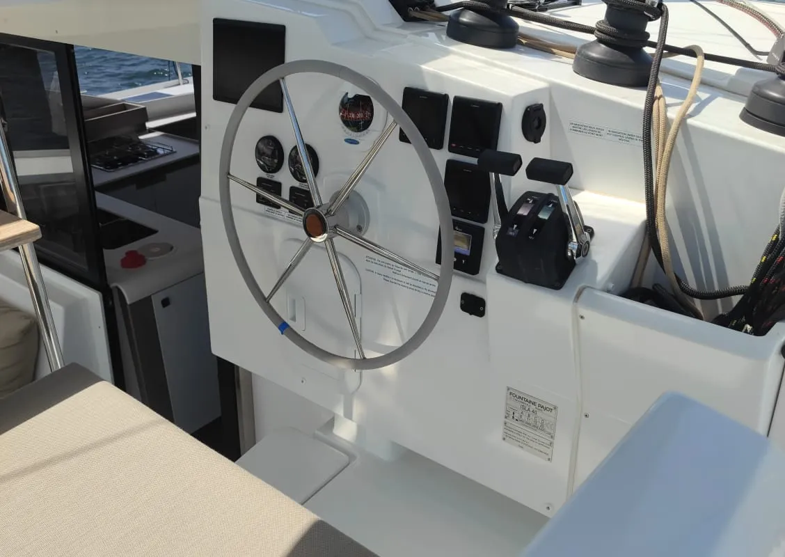 Cockpit of Isla, a Fountaine Pajot Isla 40 catamaran at Castellammare del Golfo, Italy