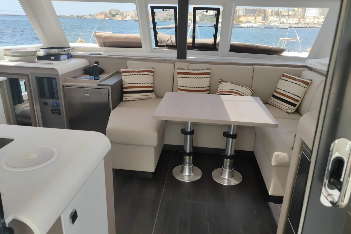 Salon of Isla, a Fountaine Pajot Isla 40 catamaran at Castellammare del Golfo, Italy