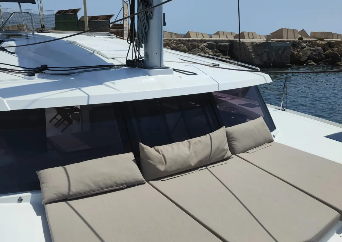Exterior view of Isla, a Fountaine Pajot Isla 40 catamaran at Castellammare del Golfo, Italy