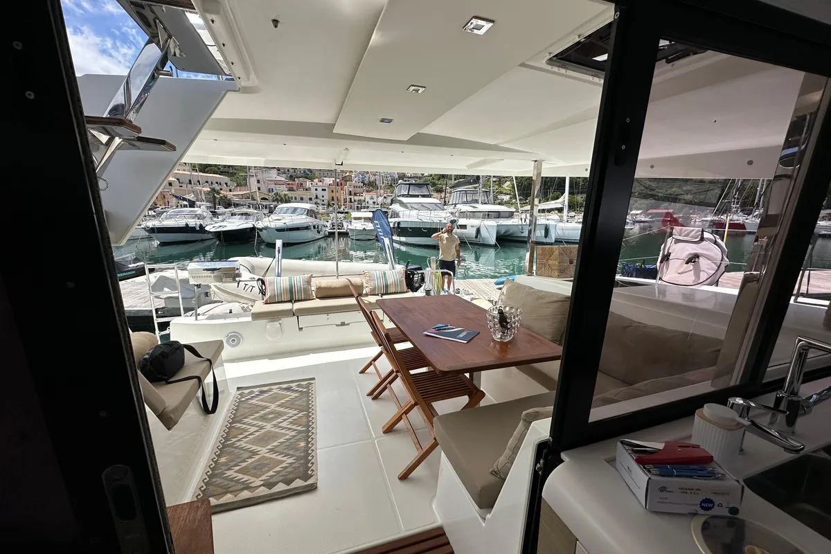 Deck of Isla, a Fountaine Pajot Isla 40 catamaran at Castellammare del Golfo, Italy