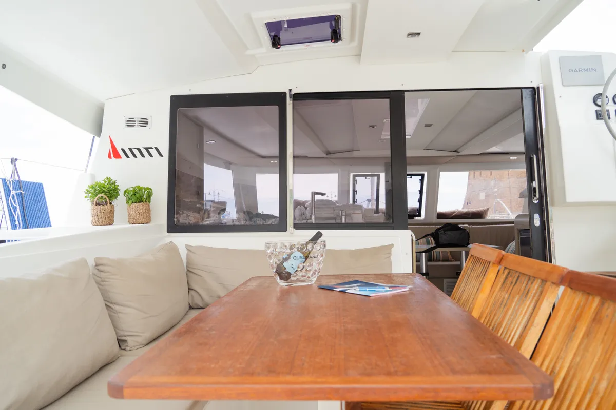 Deck of Isla, a Fountaine Pajot Isla 40 catamaran at Castellammare del Golfo, Italy