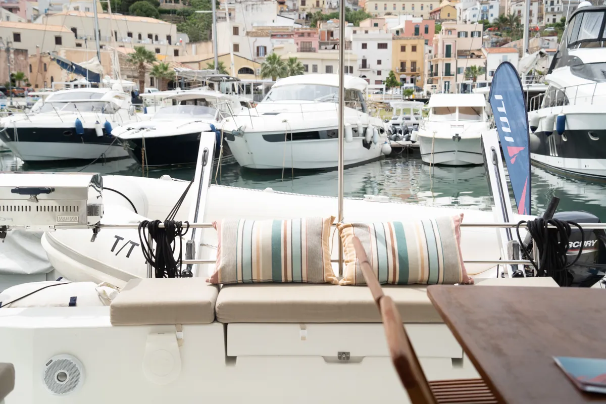 Deck of Isla, a Fountaine Pajot Isla 40 catamaran at Castellammare del Golfo, Italy
