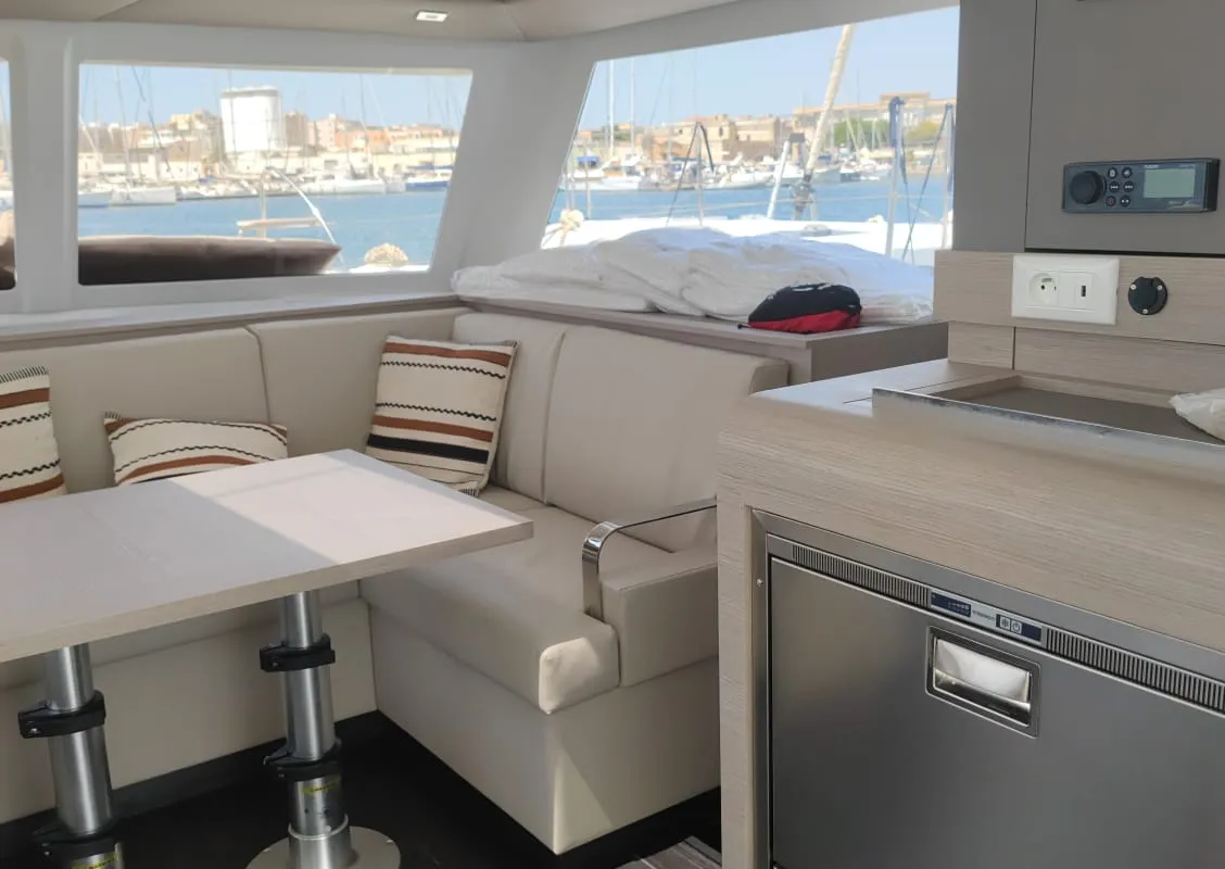 Salon of Isla, a Fountaine Pajot Isla 40 catamaran at Castellammare del Golfo, Italy