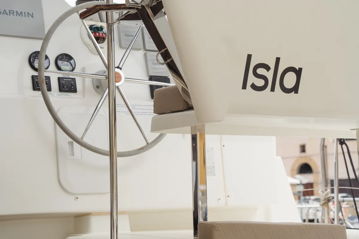 Cockpit of Isla, a Fountaine Pajot Isla 40 catamaran at Castellammare del Golfo, Italy