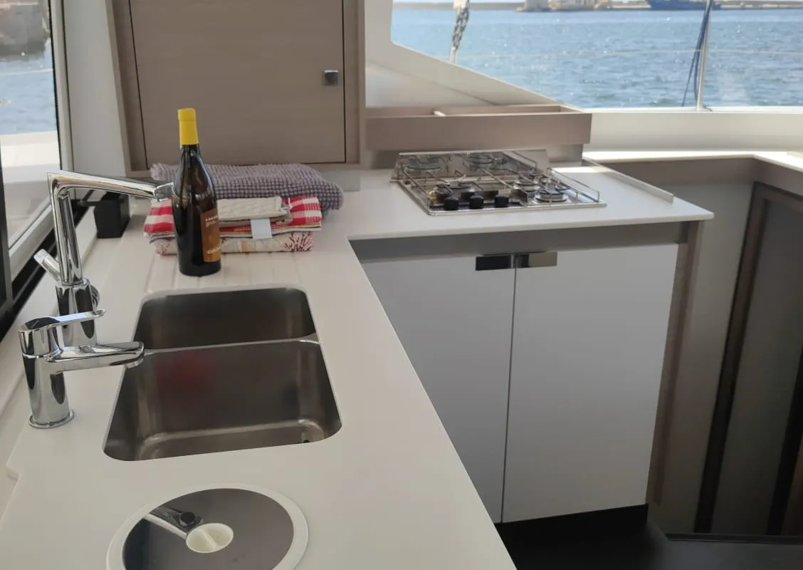 Galley of Isla, a Fountaine Pajot Isla 40 catamaran at Castellammare del Golfo, Italy