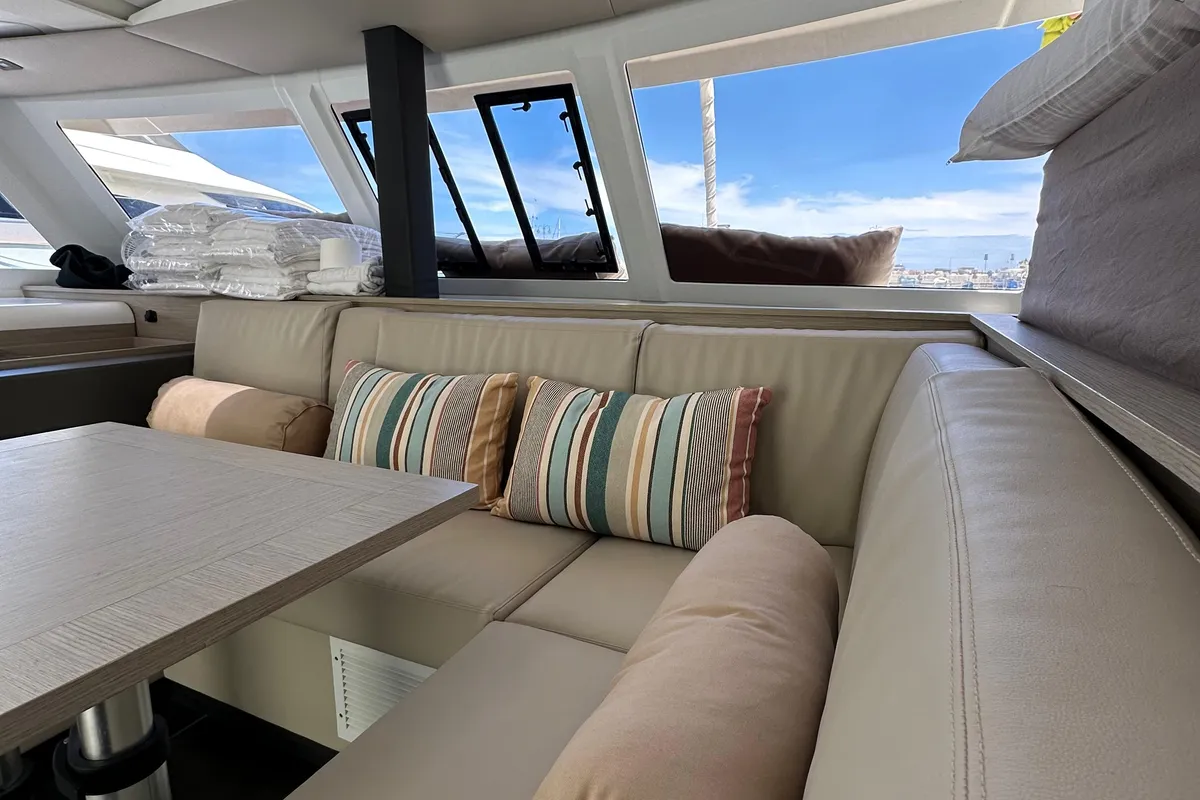 Salon of Isla, a Fountaine Pajot Isla 40 catamaran at Castellammare del Golfo, Italy