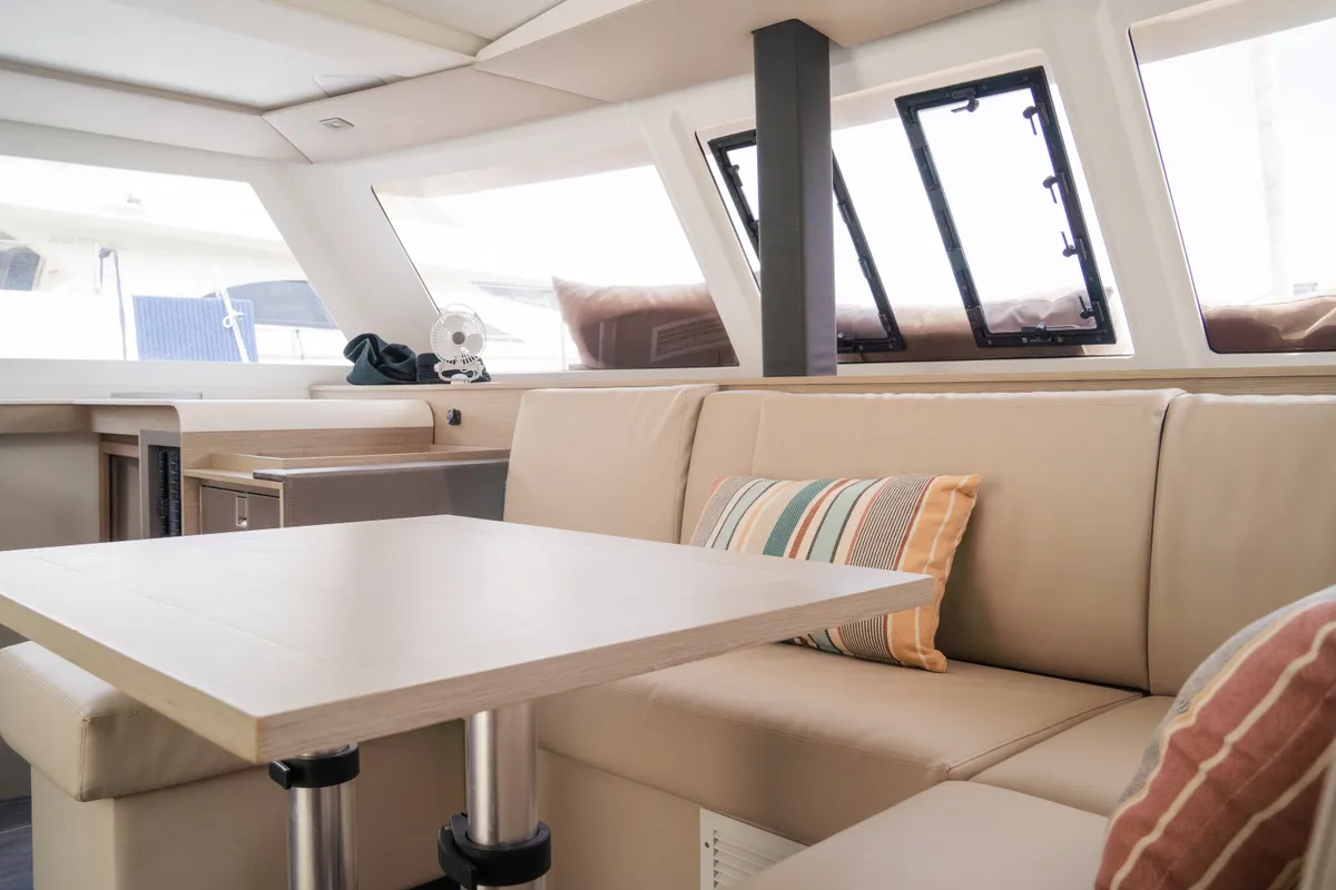 Salon of Isla, a Fountaine Pajot Isla 40 catamaran at Castellammare del Golfo, Italy