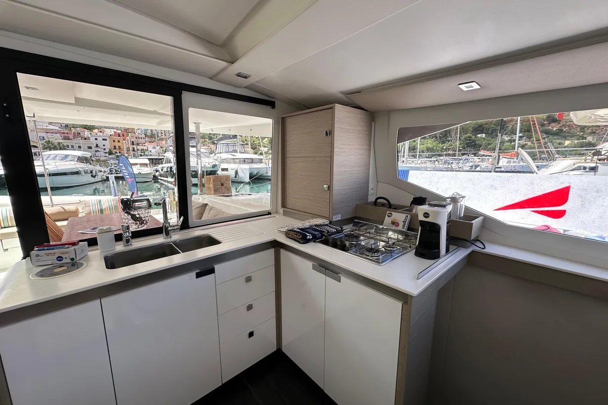 Galley of Isla, a Fountaine Pajot Isla 40 catamaran at Castellammare del Golfo, Italy