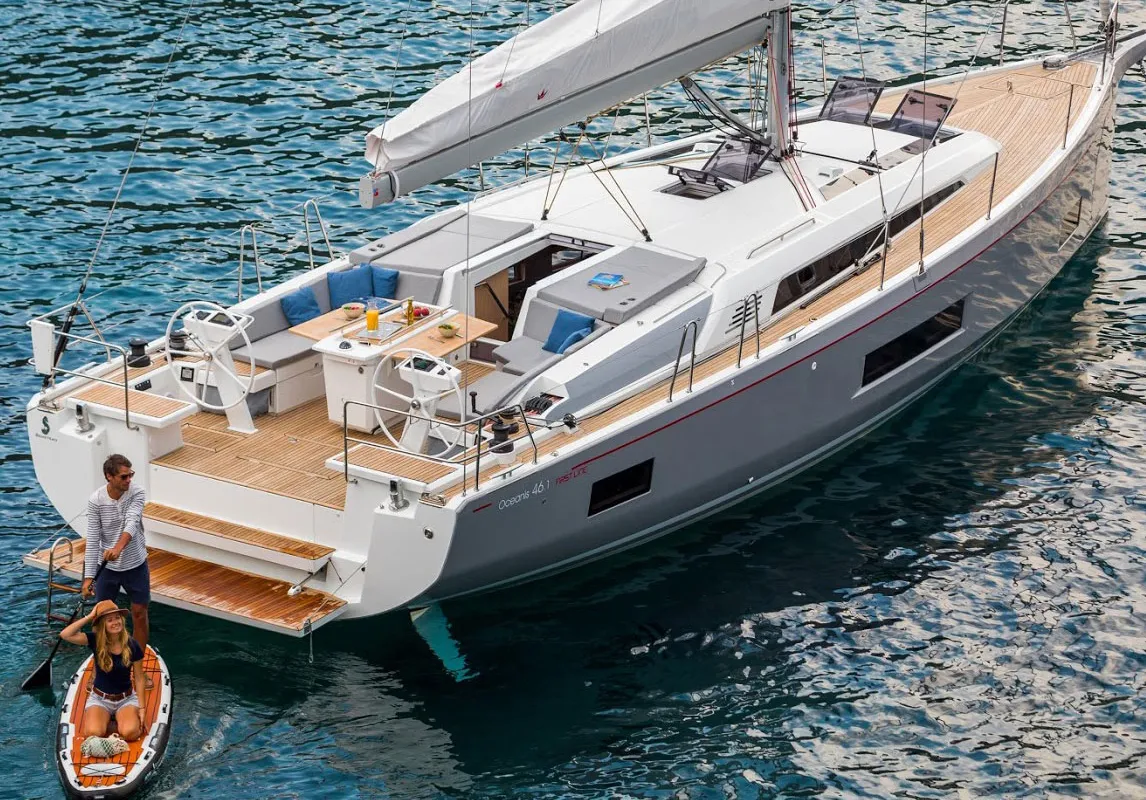 Exterior view of Bar Bar, a Beneteau Oceanis 46.1 sailboat at Athens, Greece