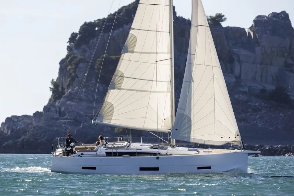 Exterior view of Bade Lal, a Dufour 390 Grand Large sailboat at Marmaris, Turkey